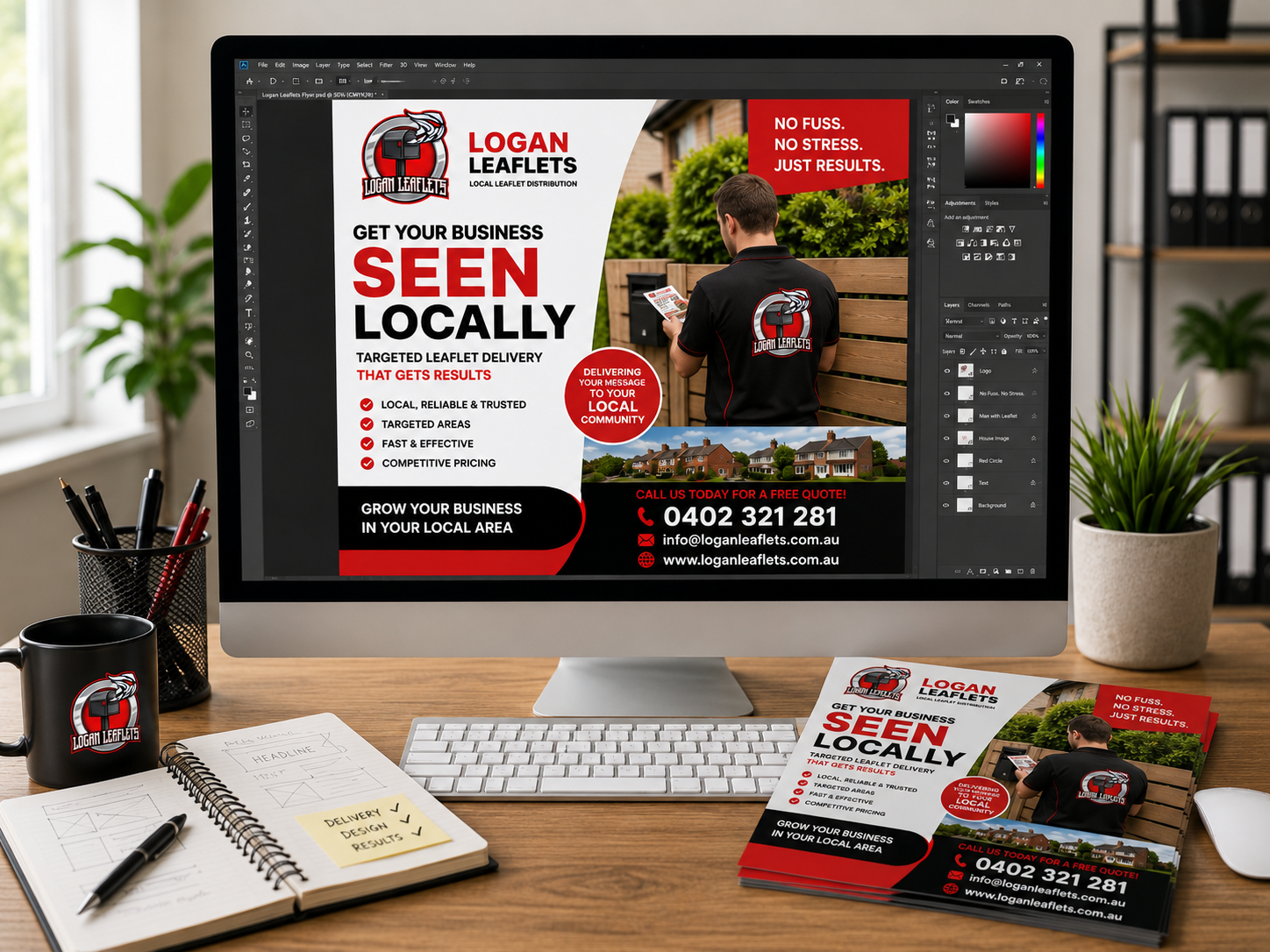 Professional flyer artwork being created on a computer