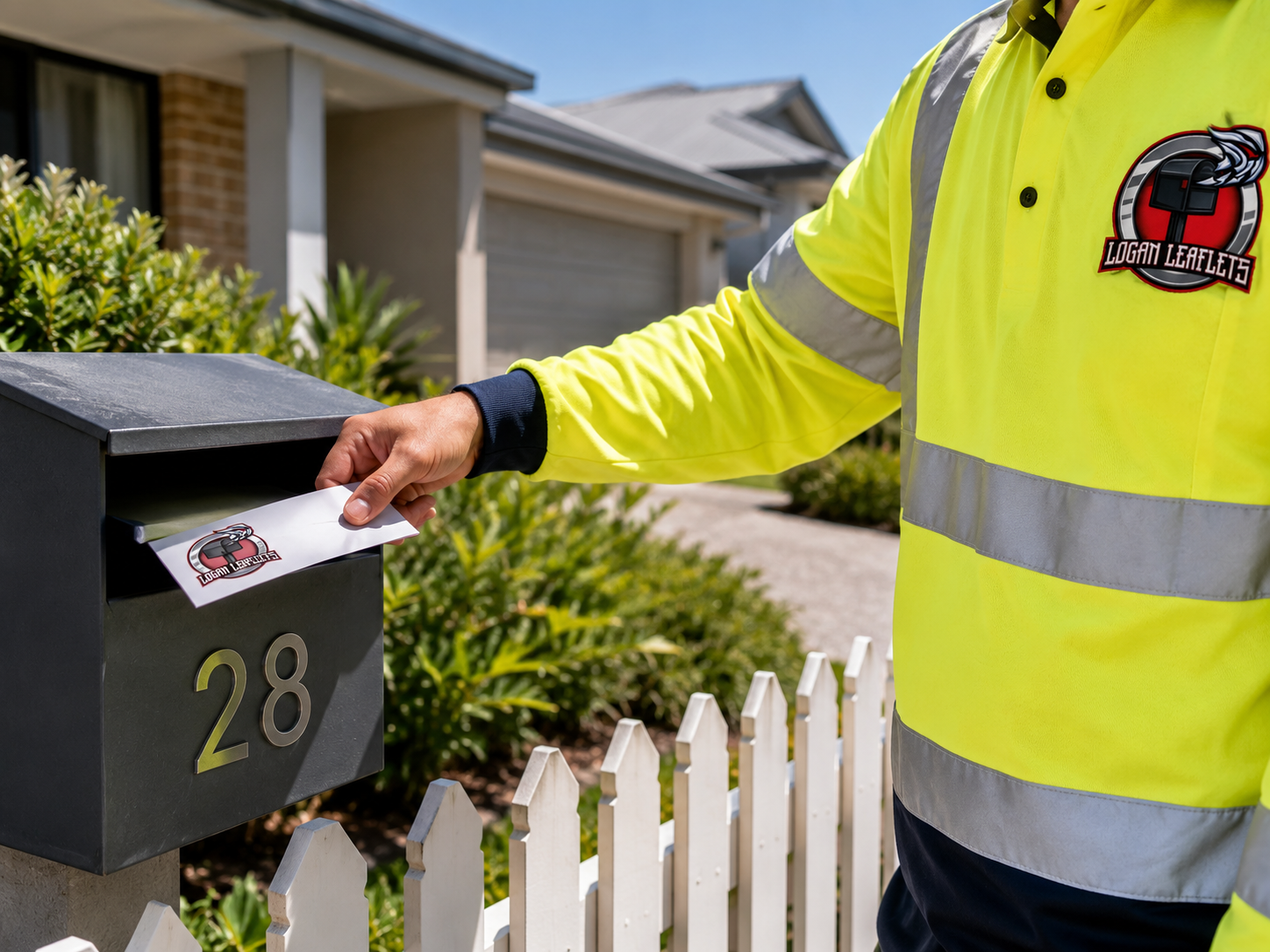 High visibility delivery worker placing a flyer into a local letterbox