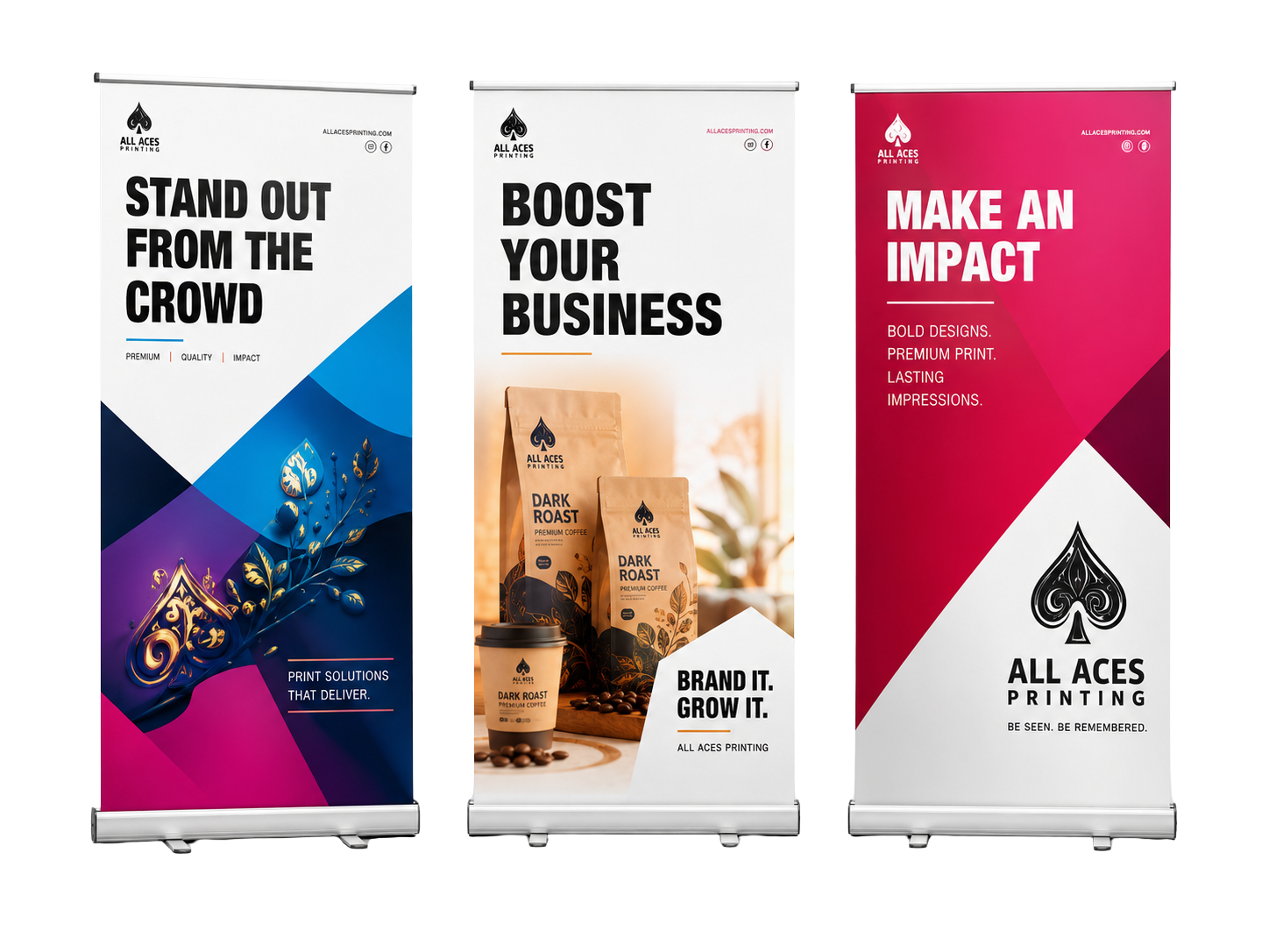Three professionally designed All Aces Printing pull-up banners