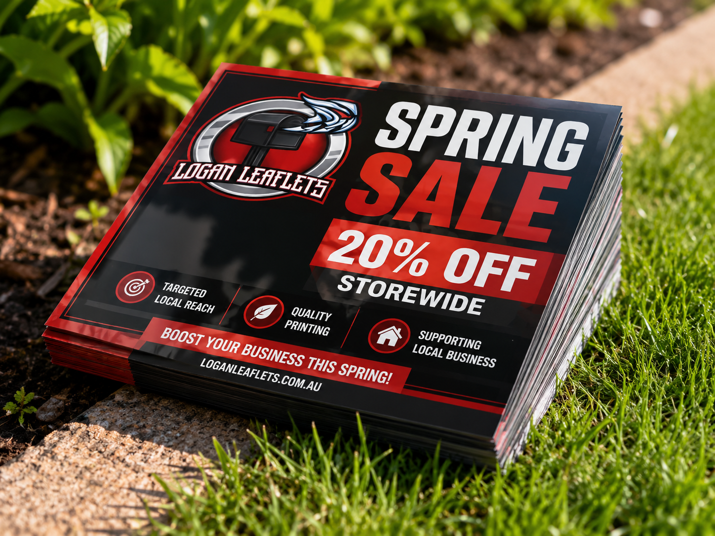 Stack of professionally printed Spring Sale flyers outdoors