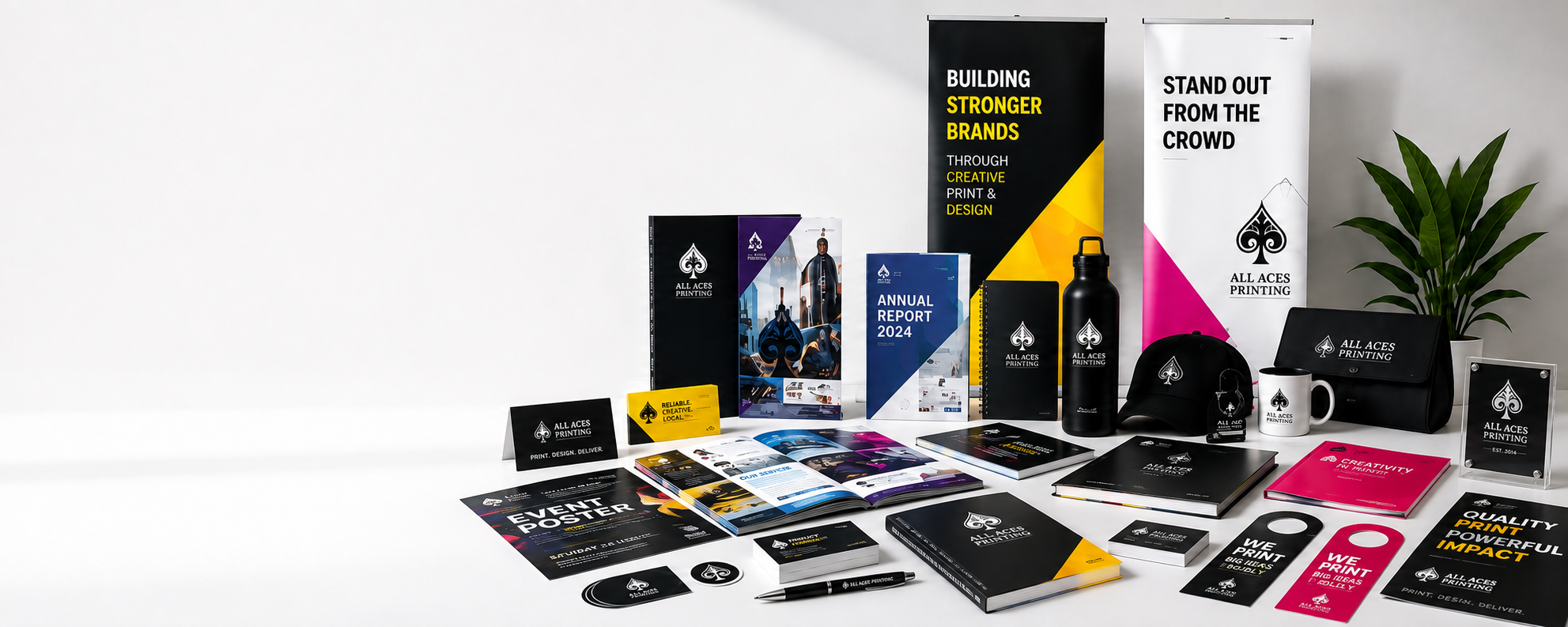 All Aces Printing products including banners, publications, promotional merchandise and printed marketing materials